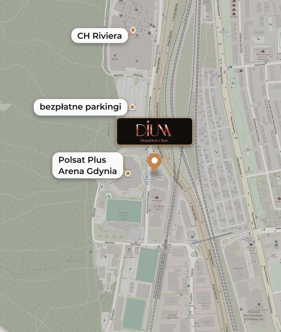 Mapa okolicy: DiunaDent Clinic przy ul. Kazimierza Górskiego 1/6 w Gdyni - naprzeciw hali Polsat Plus Arena Gdynia, przy bezpłatnych parkingach i CH Riviera